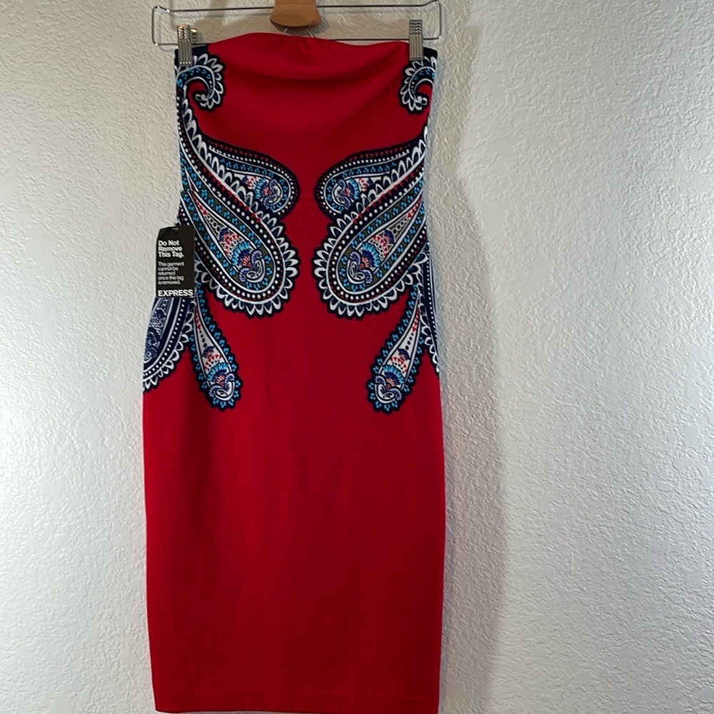 EXPRESS Red Placed Paisley Print Tube Dress Size 0 NEW - Picture 3 of 12